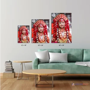 Kumari living goddess Nepal canvas wall art — available in 3 sizes 12x18 18x24 and 20x30 inches displayed on wall