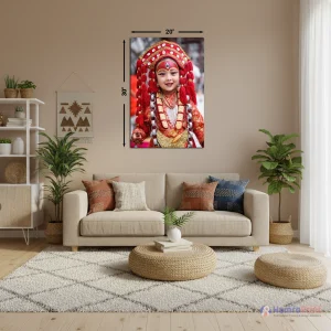Large 20x30 Kumari Nepal canvas wall art displayed above sofa in warm boho living room — HamroPrint