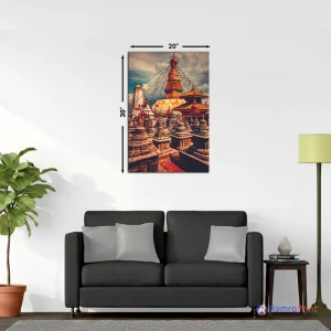 Boudhanath Stupa large 20x30 canvas wall art showing golden spire prayer flags and ancient stone shrines – premium gallery-grade Nepali Buddhist decor made in Canada by Hamro Print